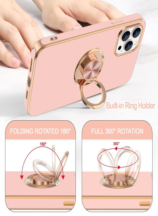 Hython for iPhone 14 Pro Max Case with Ring Stand [360° Rotatable Ring Holder Magnetic Kickstand] [Support Car Mount] Plated Gold Edge Slim Soft TPU Luxury Protective Phone Case Cover, Pink - Image 4